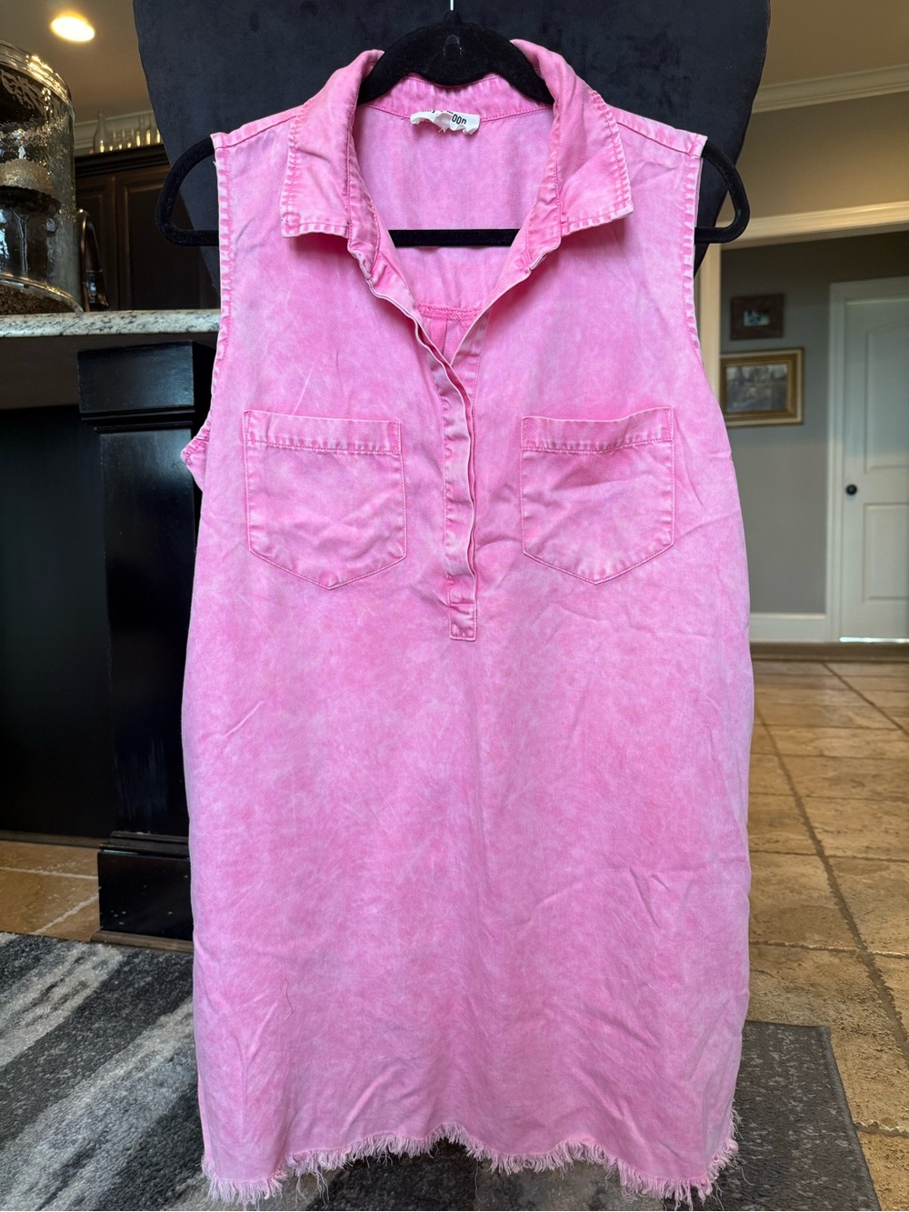 Washed Pink Sleeveless Collared Soft Denim Dress with Patch Pockets